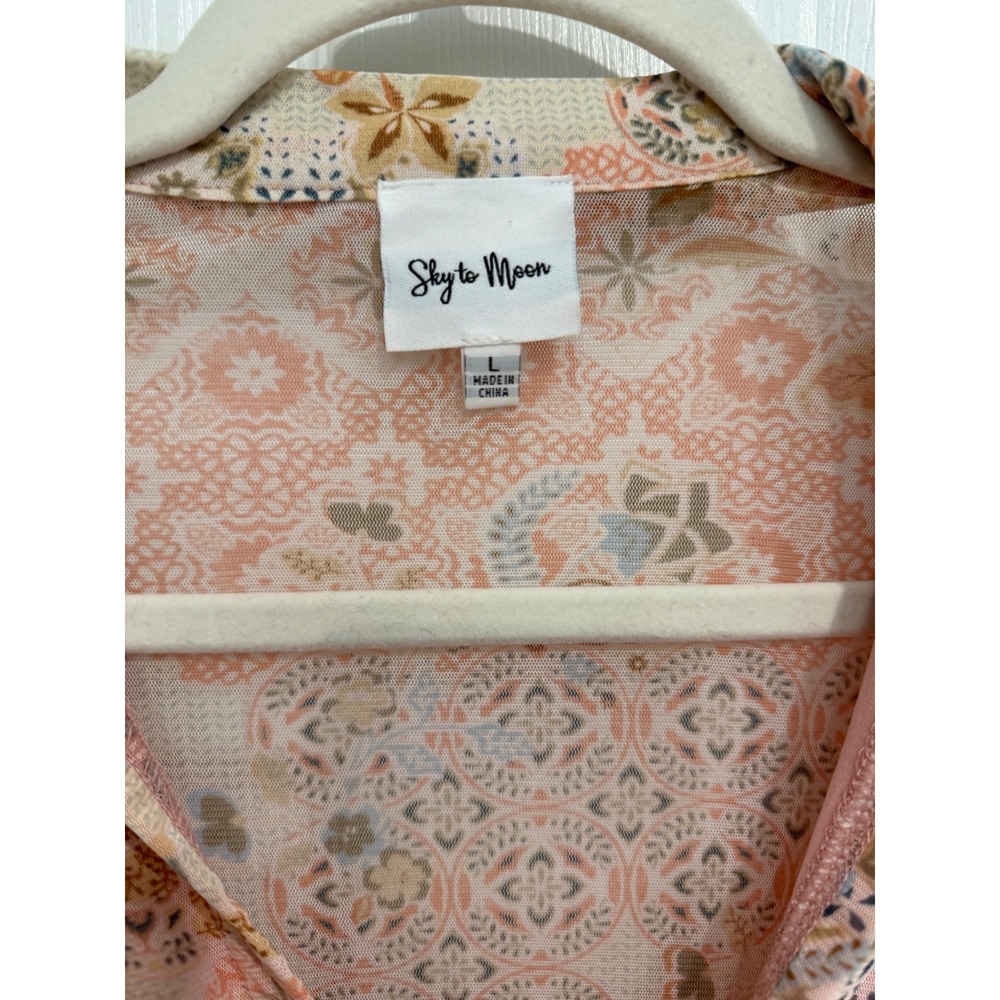 Sky to Moon Peach Floral Patchwork Long Sleeve Crop Top Tie Front Boho Large - Picture 2 of 4